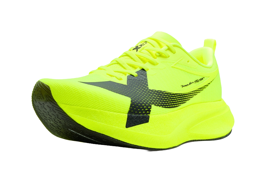Neon yellow and black lace-up running shoes with black side graphic and cushioned sole.