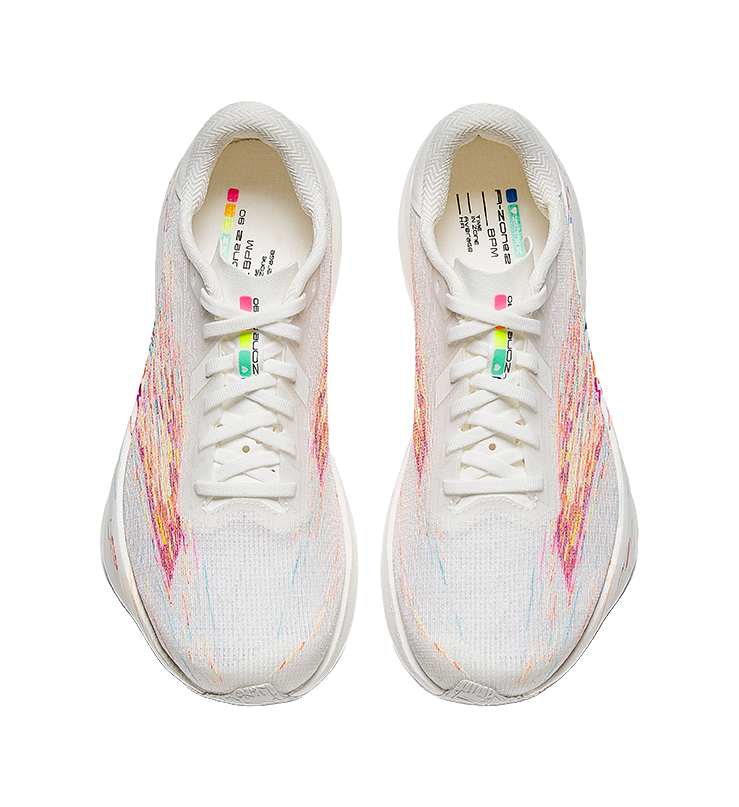 Women’s running shoes, pair view—white knit with multicolor streaks and padded collar