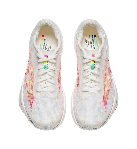 Women’s running shoes, pair view—white knit with multicolor streaks and padded collar