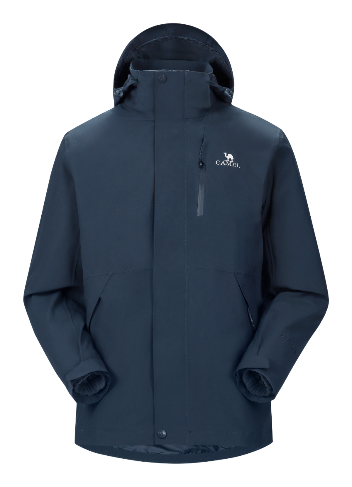 Dark blue waterproof hooded jacket with front zipper and drawstring, long sleeves