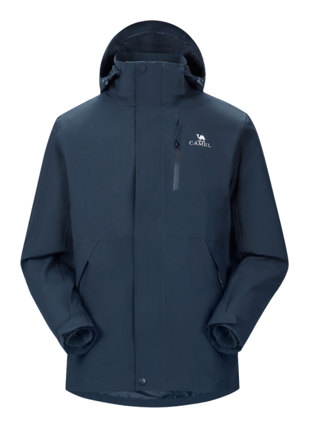 Dark blue waterproof hooded jacket with front zipper and drawstring, long sleeves