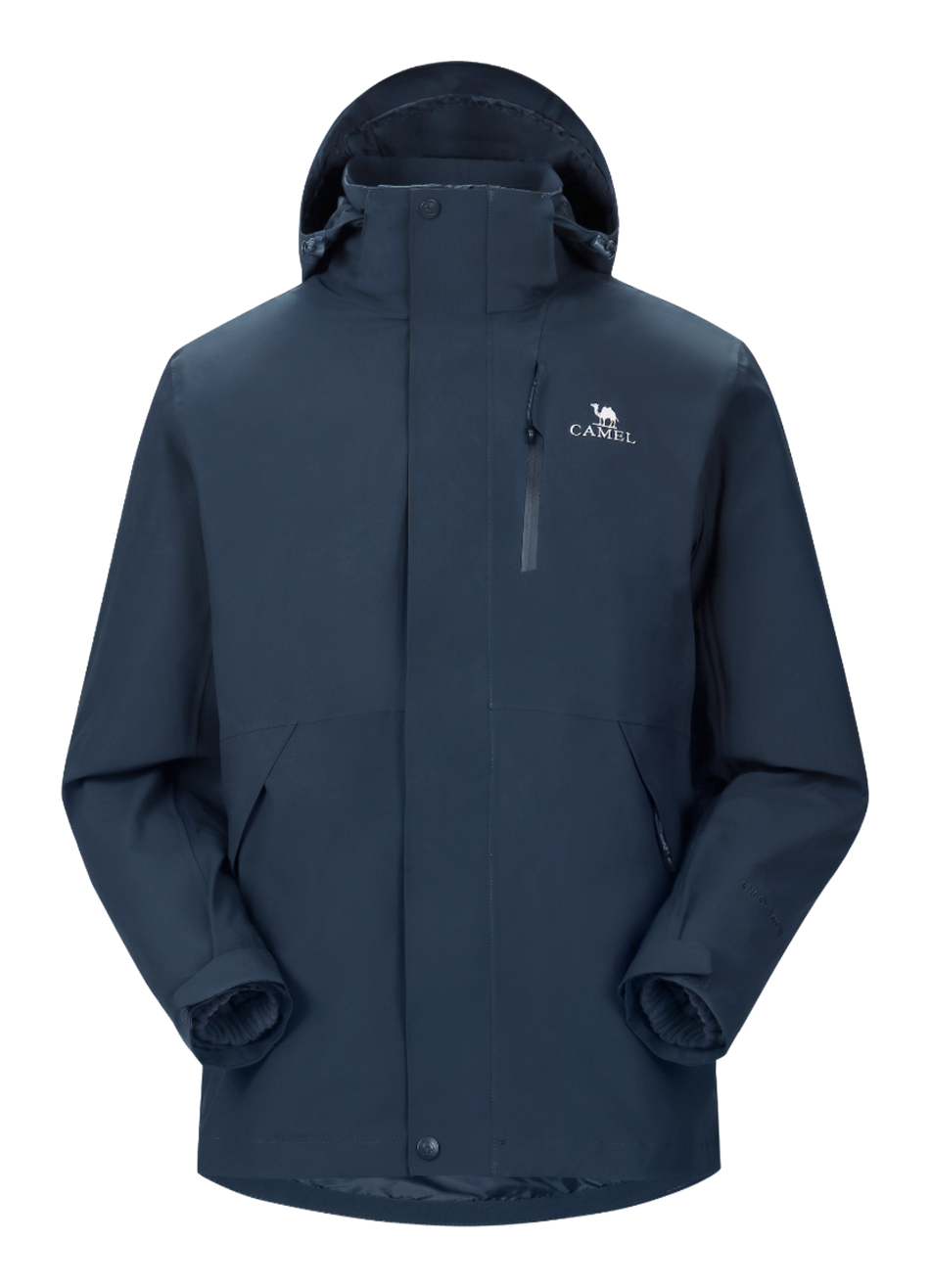 Dark blue waterproof hooded jacket with front zipper and drawstring, long sleeves