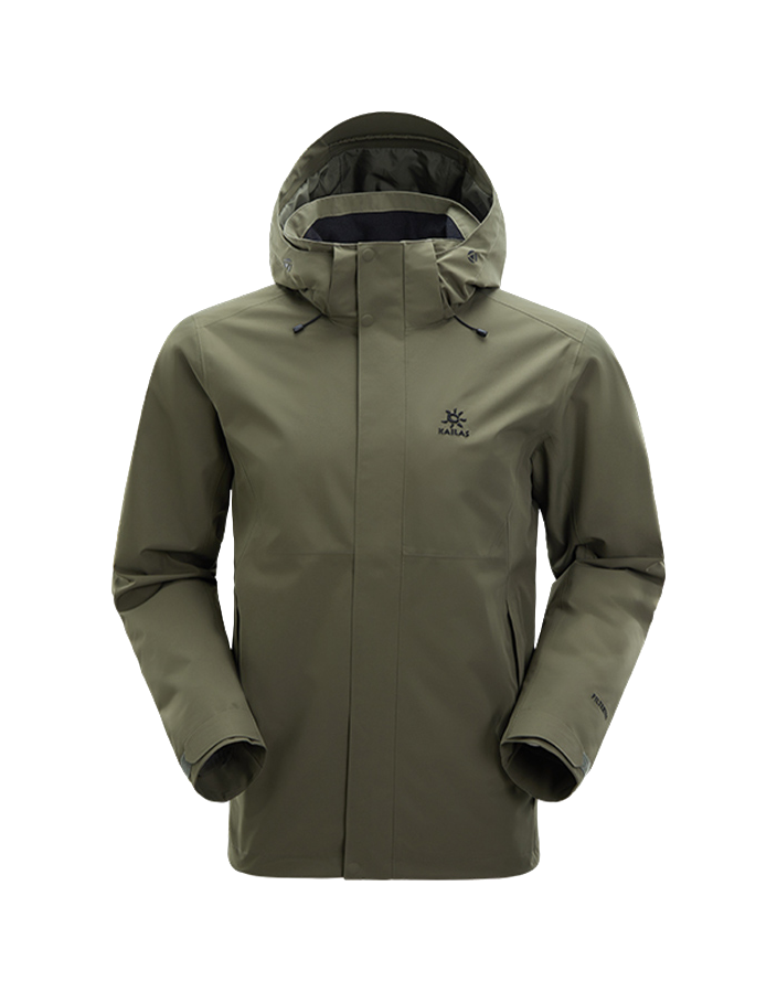 Men's hooded windbreaker jacket in olive green with full-length zipper and zip pockets