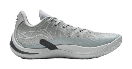 Gray basketball shoe side view with teal accent midsole