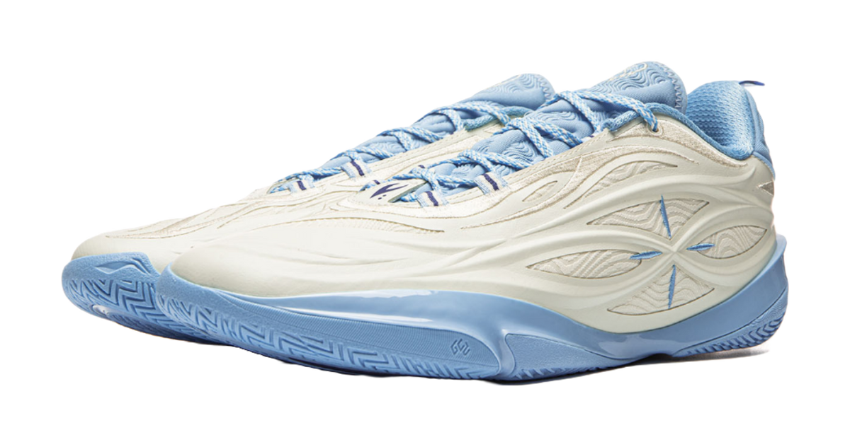 Unisex basketball shoe angled front view with milky white upper and light blue outsole.