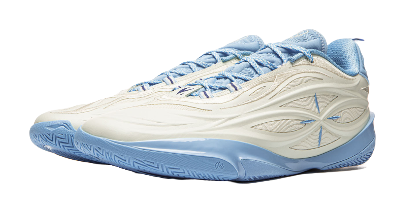 Unisex basketball shoe angled front view with milky white upper and light blue outsole.