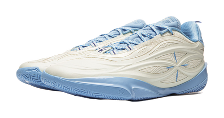 Unisex basketball shoe angled front view with milky white upper and light blue outsole.