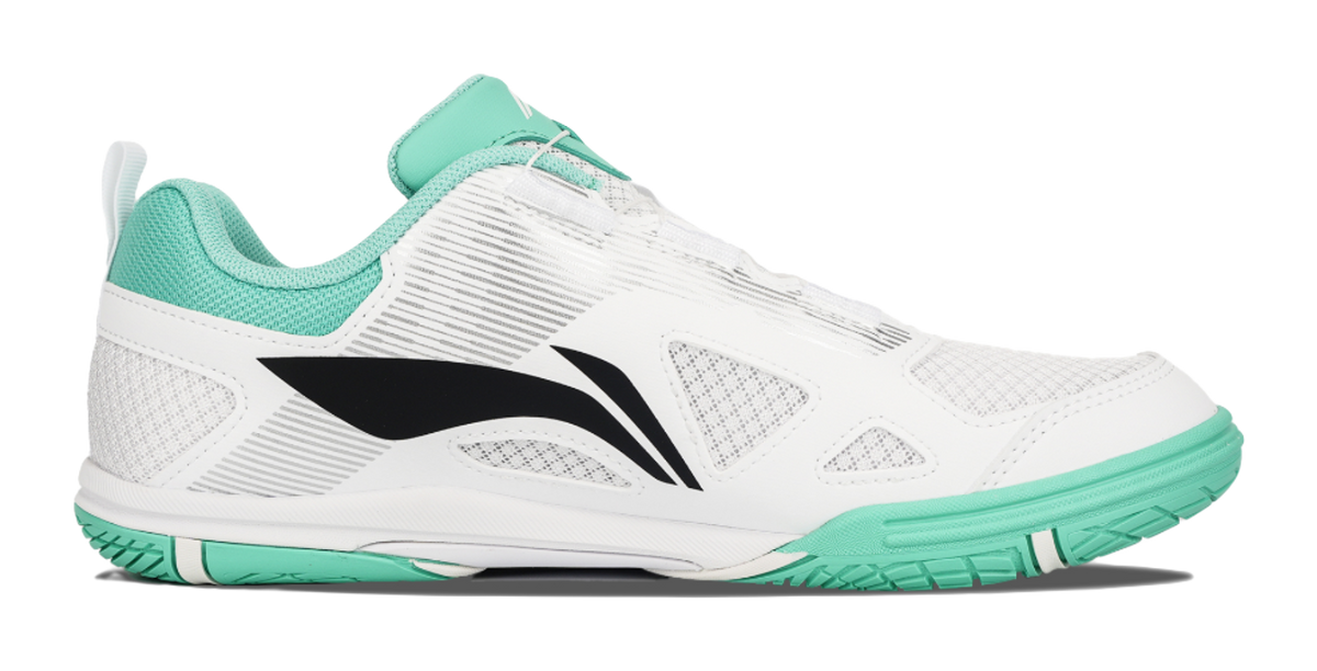 Table tennis shoe side view in white with mint-green collar and black logo