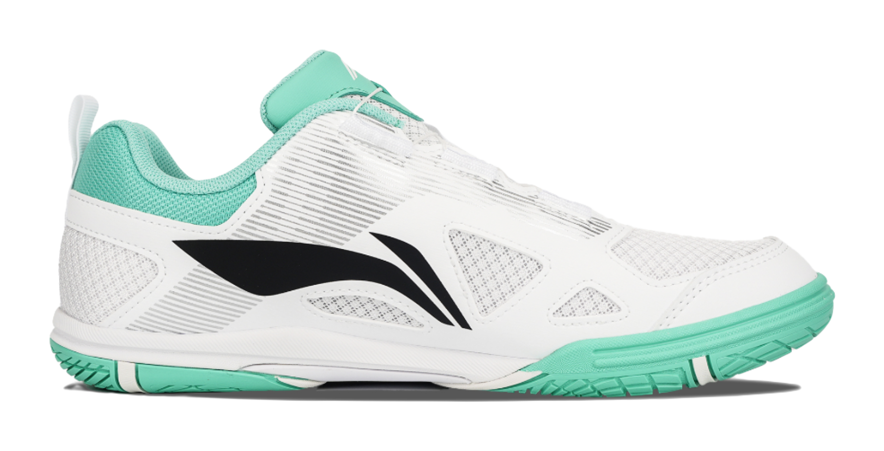Table tennis shoe side view in white with mint-green collar and black logo