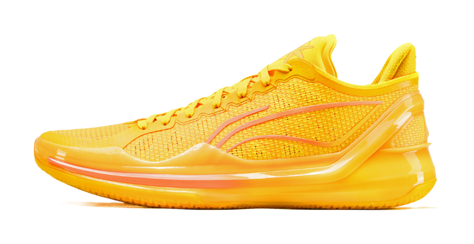 Li-Ning basketball shoe in mango yellow with orange accents, low-cut knit upper