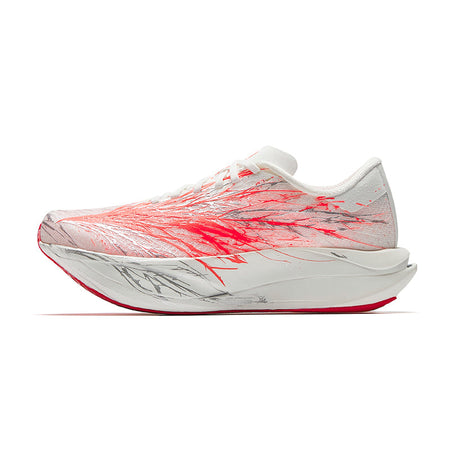 Women's running shoe, white knit upper with red graphic, lace-up, white sole.