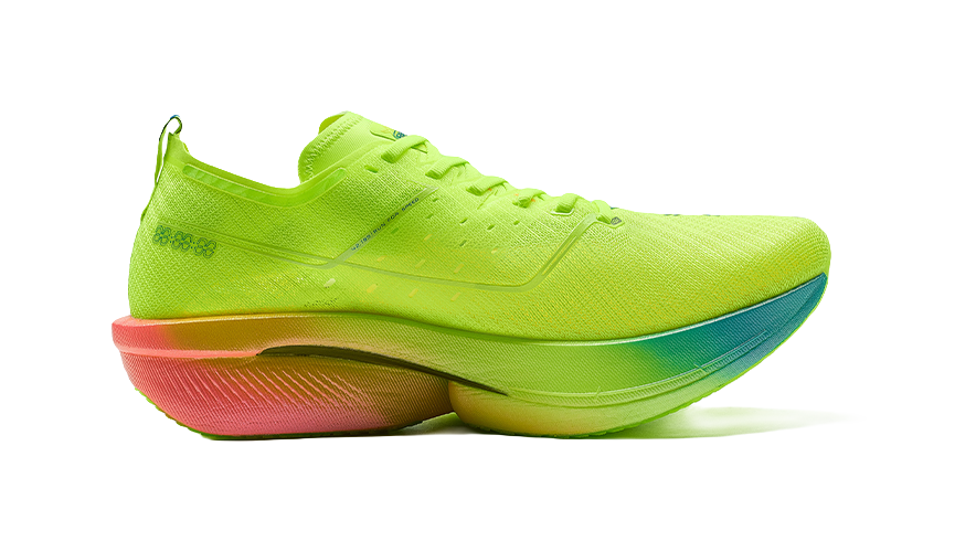 Neon green mesh low-top running shoe with blue sidewall accents and cushioned sole
