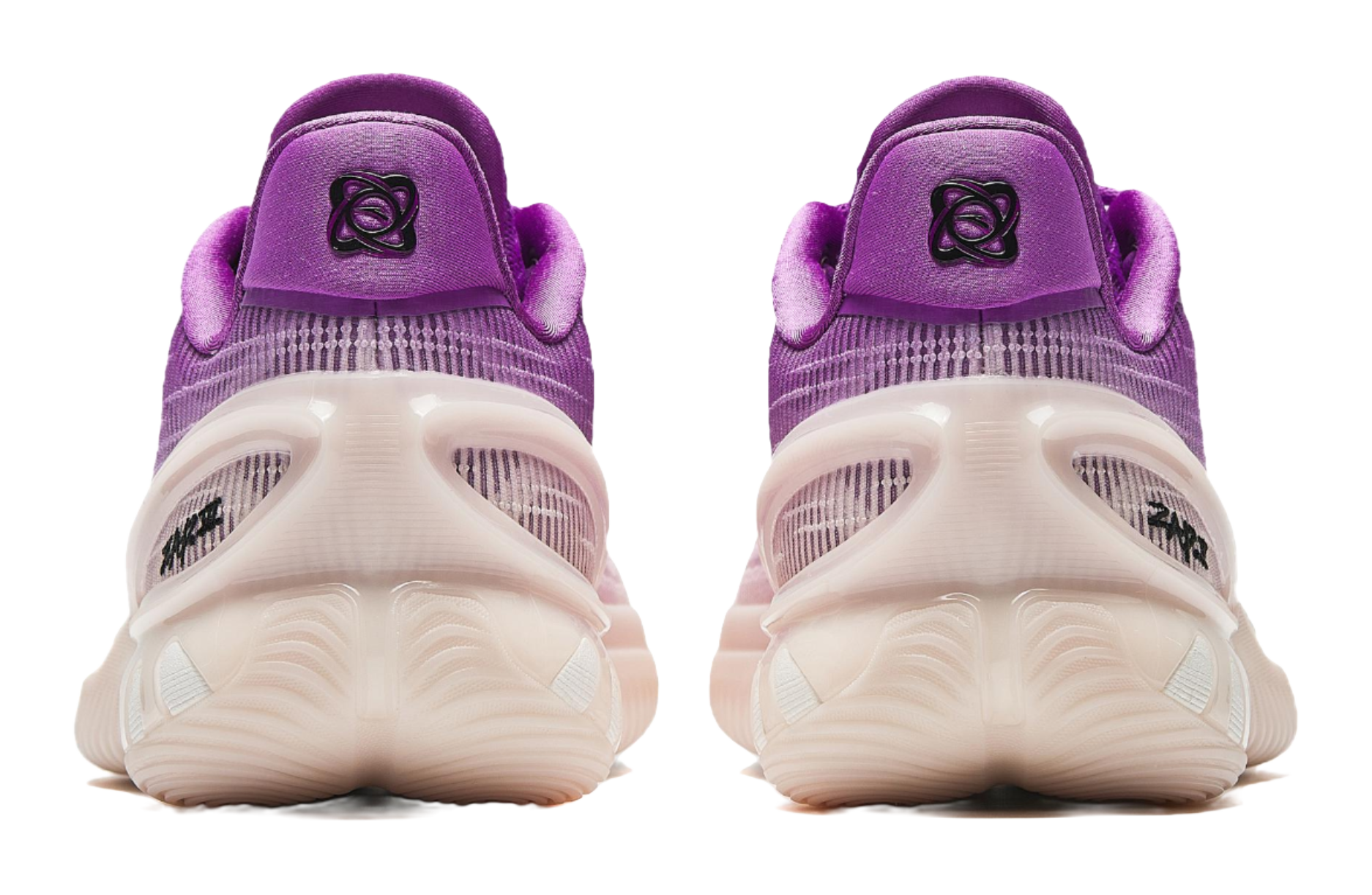 Purple and white basketball shoes, back view, cushioned heel and molded collar