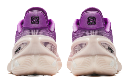 Purple and white basketball shoes, back view, cushioned heel and molded collar