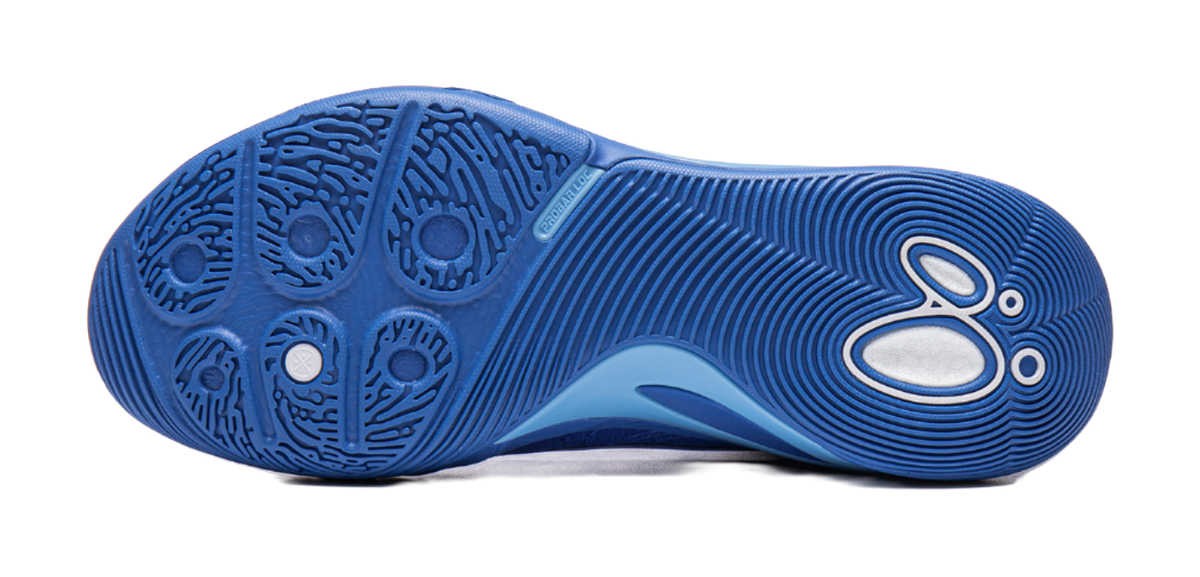 Blue rubber outsole with traction pattern and white swoosh-style logo