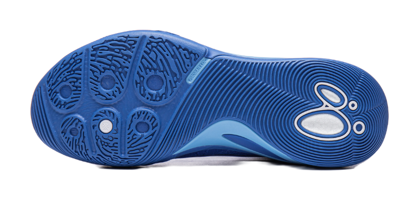 Blue rubber outsole with traction pattern and white swoosh-style logo