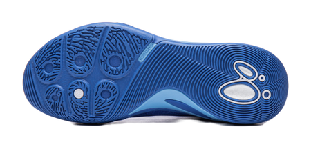 Blue rubber outsole with traction pattern and white swoosh-style logo