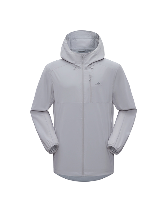 Men's hooded sun jacket in light gray with full-length front zipper