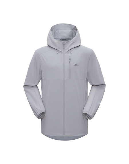 Men's hooded sun jacket in light gray with full-length front zipper