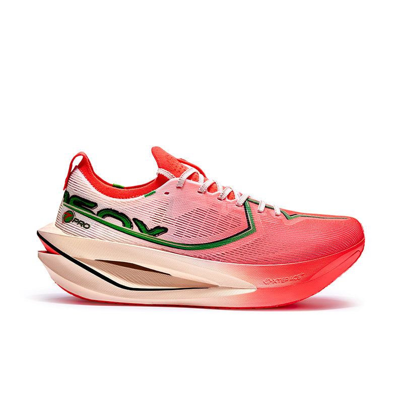 Red marathon racing shoe, lace-up knit upper with green side branding and cream midsole