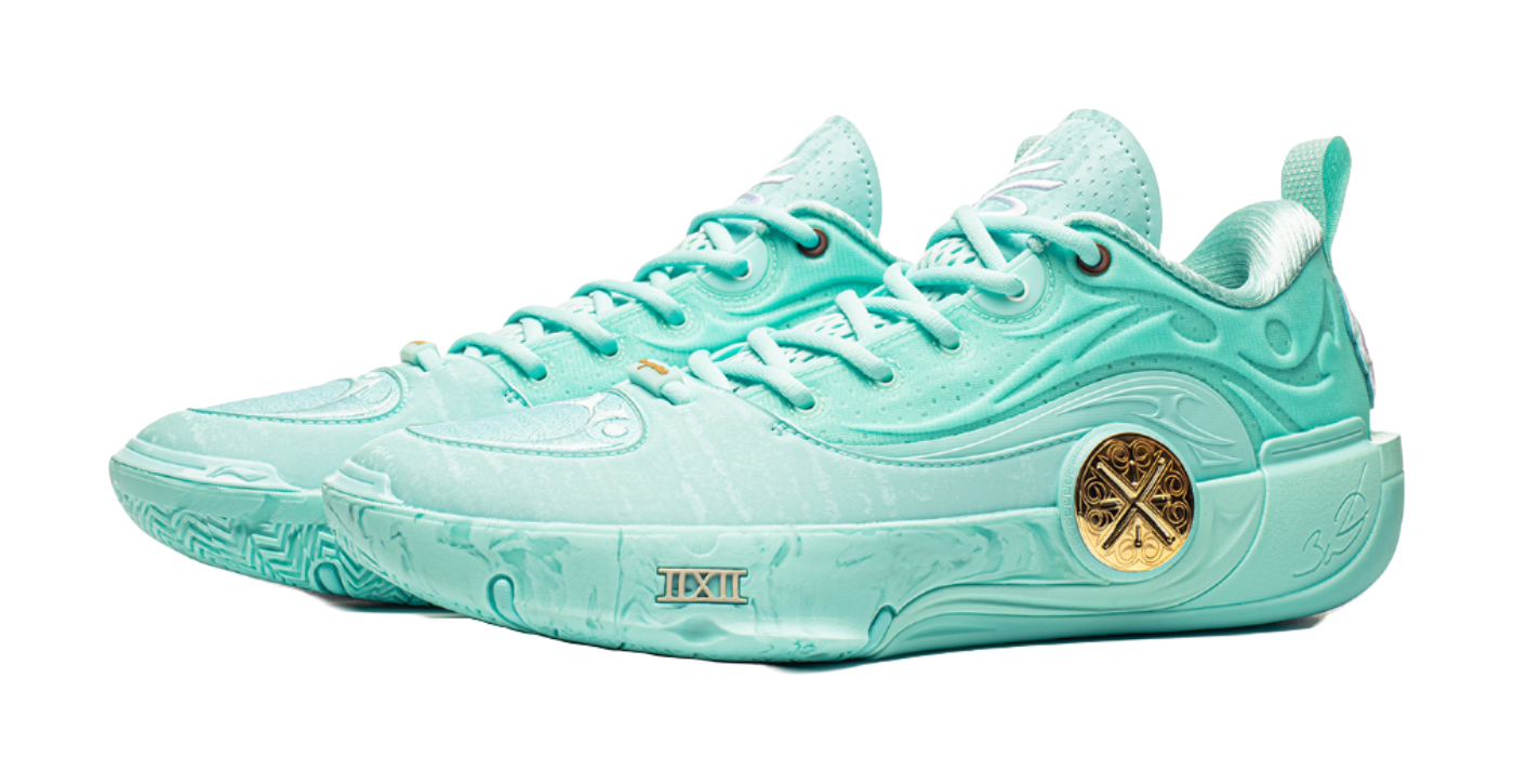 Pair of light teal low-top basketball shoes, angled top view with lace-up details