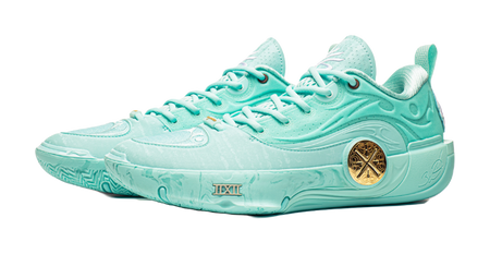 Pair of light teal low-top basketball shoes, angled top view with lace-up details