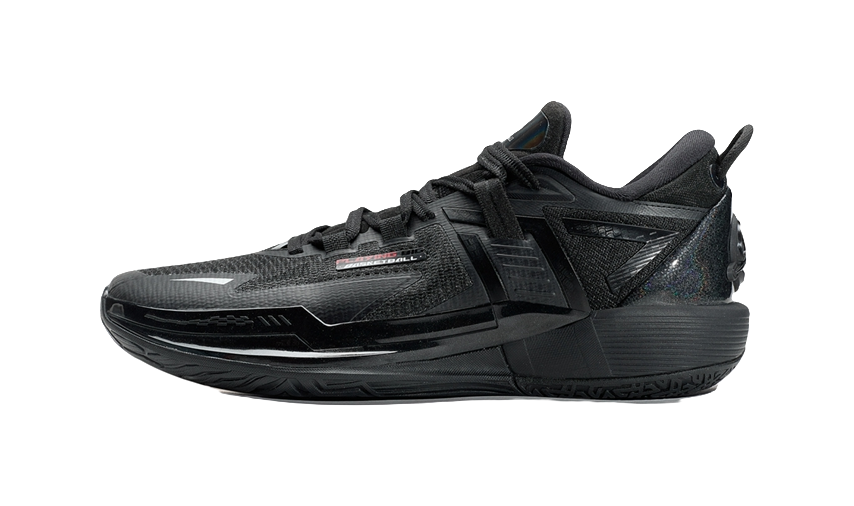 Black basketball shoes with lace-up closure and dark rubber outsole