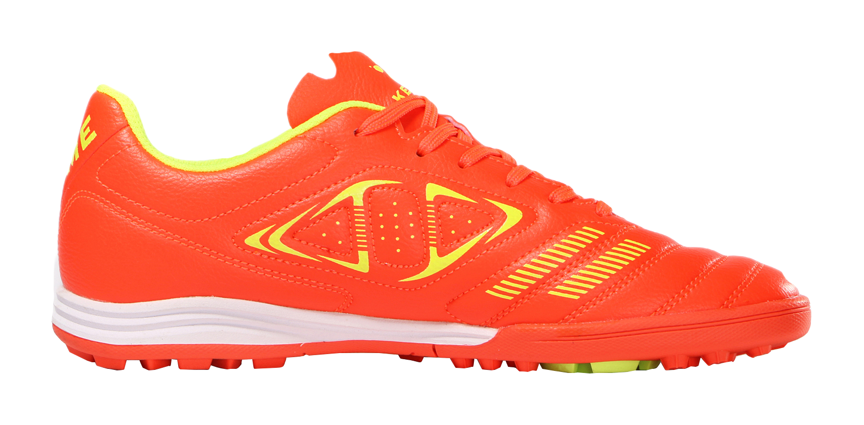 Orange lace-up TF training soccer shoes with vented KELME graphic and neon collar