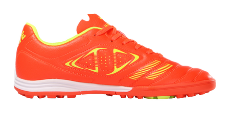 Orange lace-up TF training soccer shoes with vented KELME graphic and neon collar