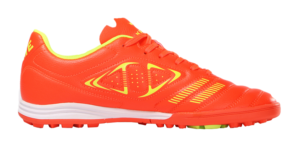Orange lace-up TF training soccer shoes with vented KELME graphic and neon collar