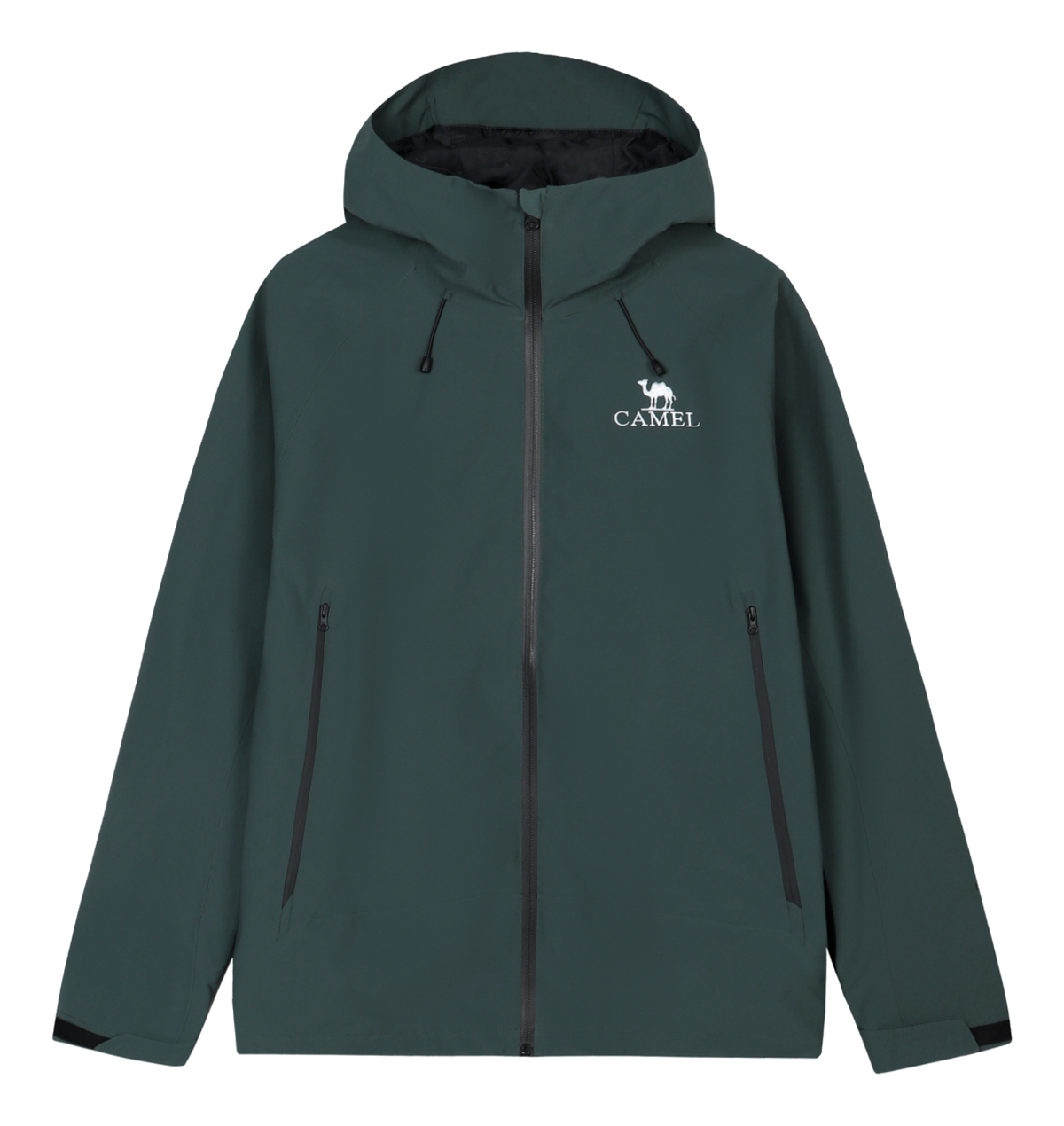 Dark green unisex windbreaker jacket with hood, full zip, and two zippered front pockets