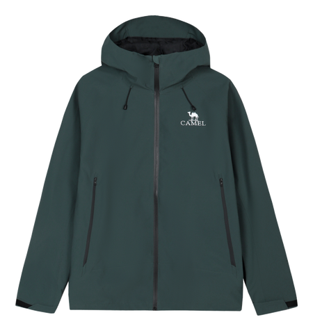 Dark green unisex windbreaker jacket with hood, full zip, and two zippered front pockets
