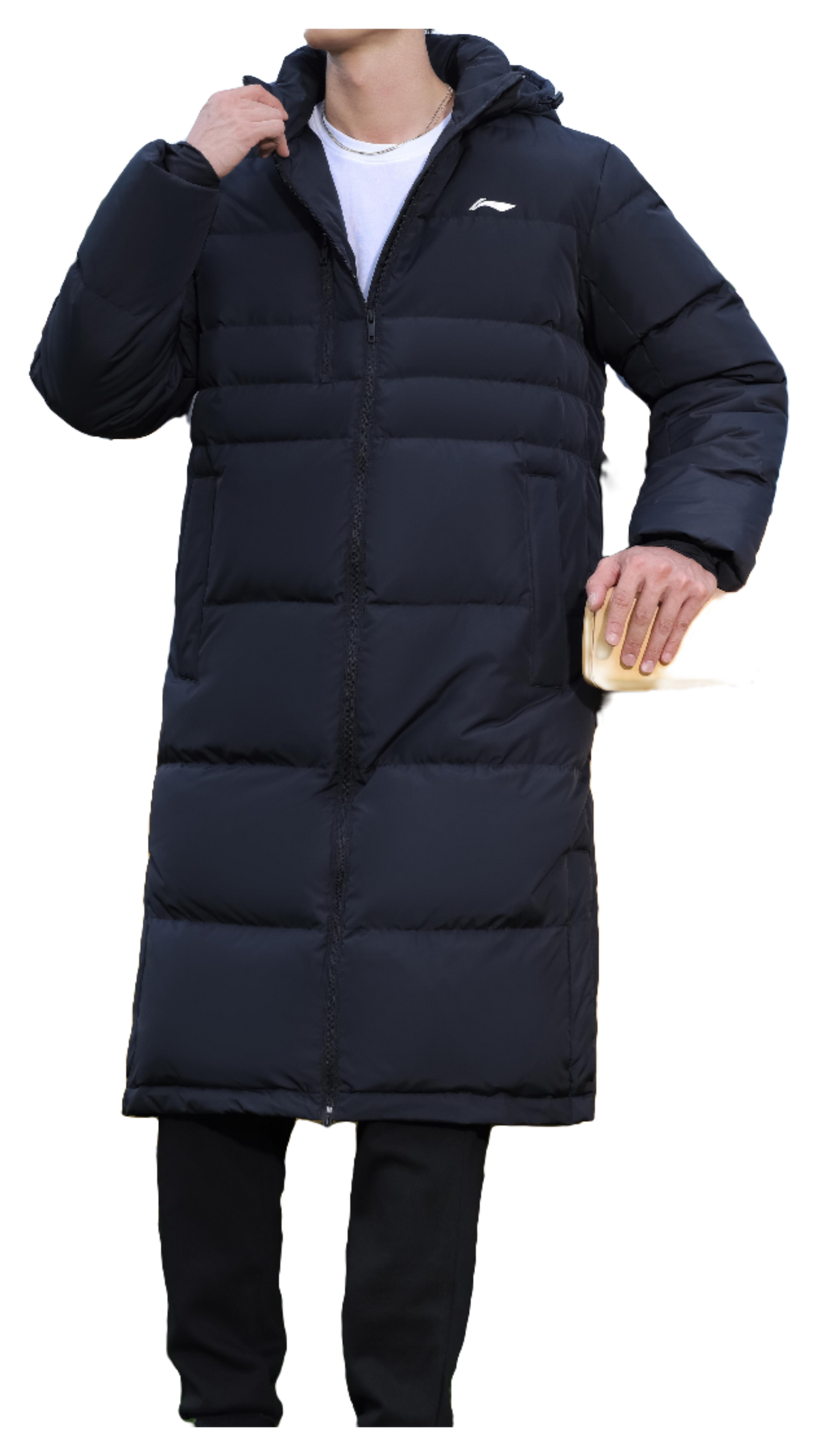 Men's black hooded puffer down jacket, white logo mark, zip front and cuffs