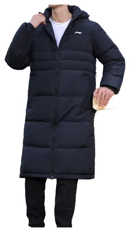 Men's black hooded puffer down jacket, white logo mark, zip front and cuffs