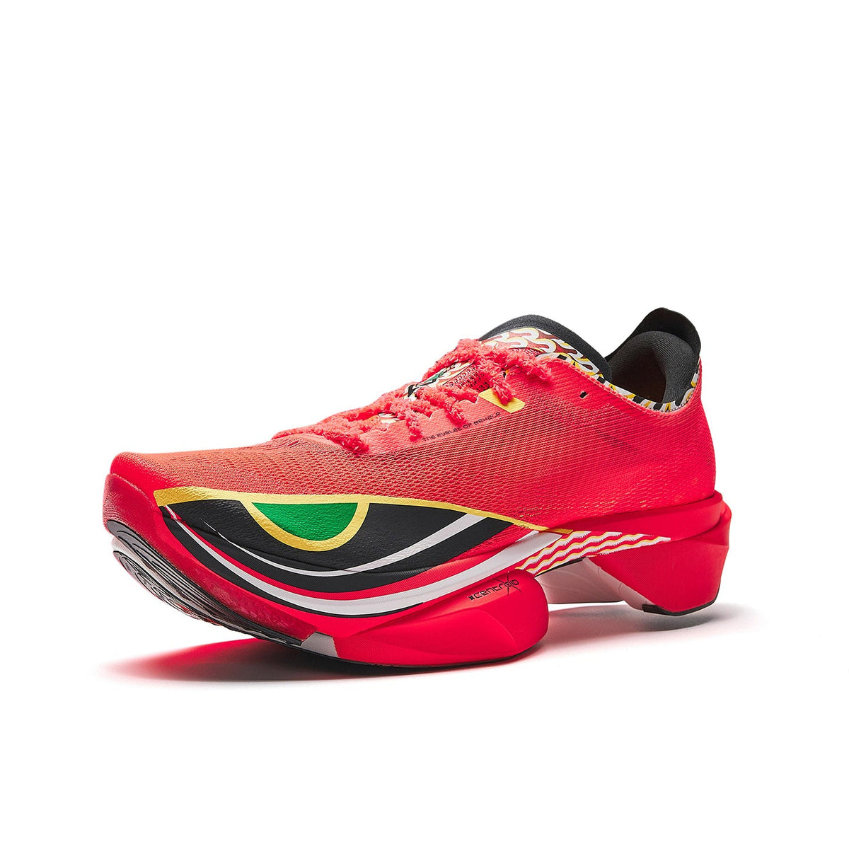 Neon red running shoes front three-quarter view with black heel collar and trim