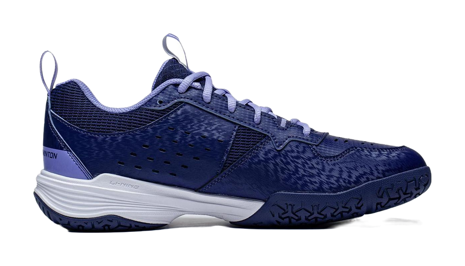 Li-Ning badminton shoe, navy blue mesh upper with perforations and white outsole