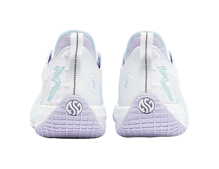 Unisex basketball shoe back view, white heel with light blue logo accents and purple sole.