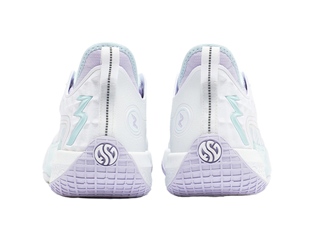 Unisex basketball shoe back view, white heel with light blue logo accents and purple sole.