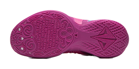 Purple basketball shoe outsole with textured tread and teal-star traction design.