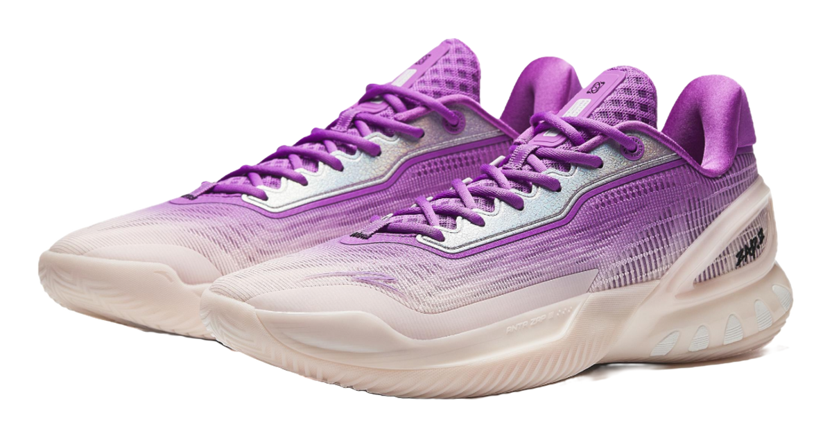 Purple and white basketball shoe with lace-up front and padded collar