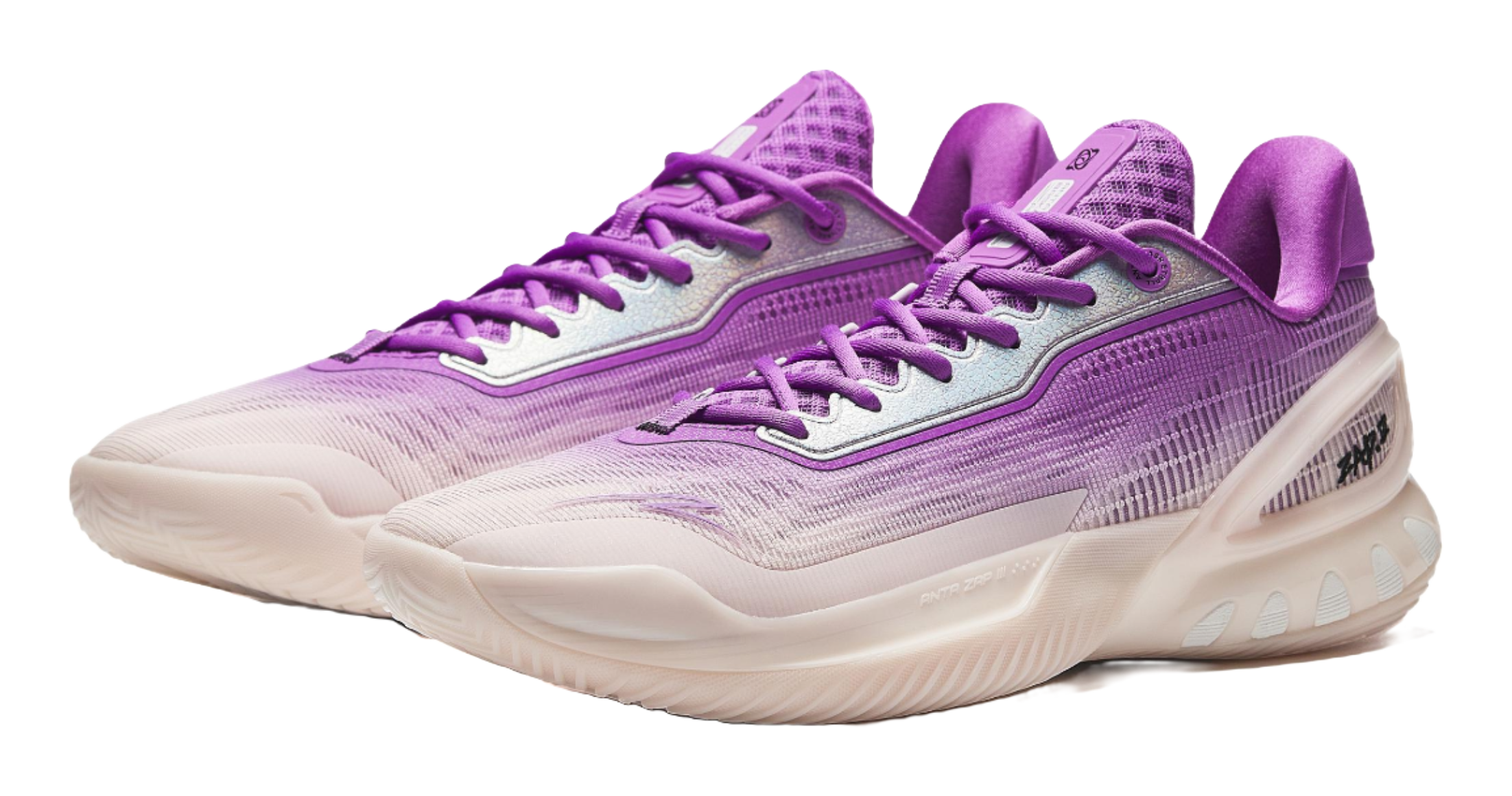 Purple and white basketball shoe with lace-up front and padded collar