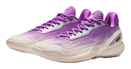 Purple and white basketball shoe with lace-up front and padded collar