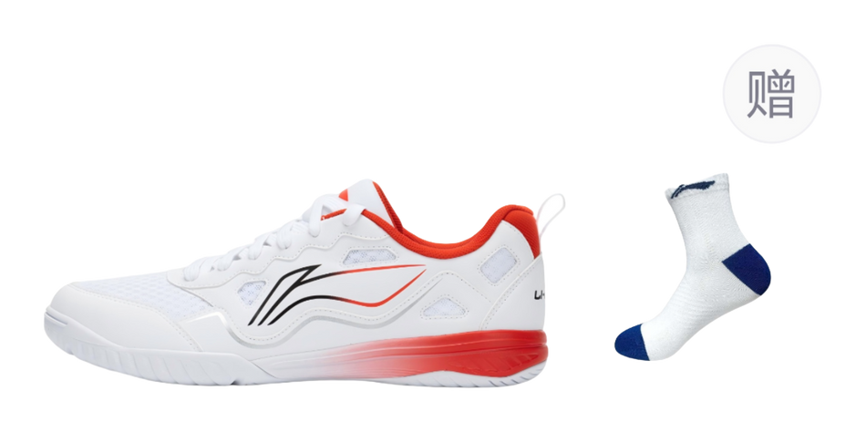 Unisex white table tennis shoe with red trim; includes white-and-blue socks