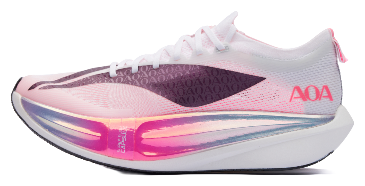 Pink and white low running shoe with AOA logo and side graphic panel