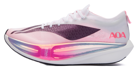 Pink and white low running shoe with AOA logo and side graphic panel