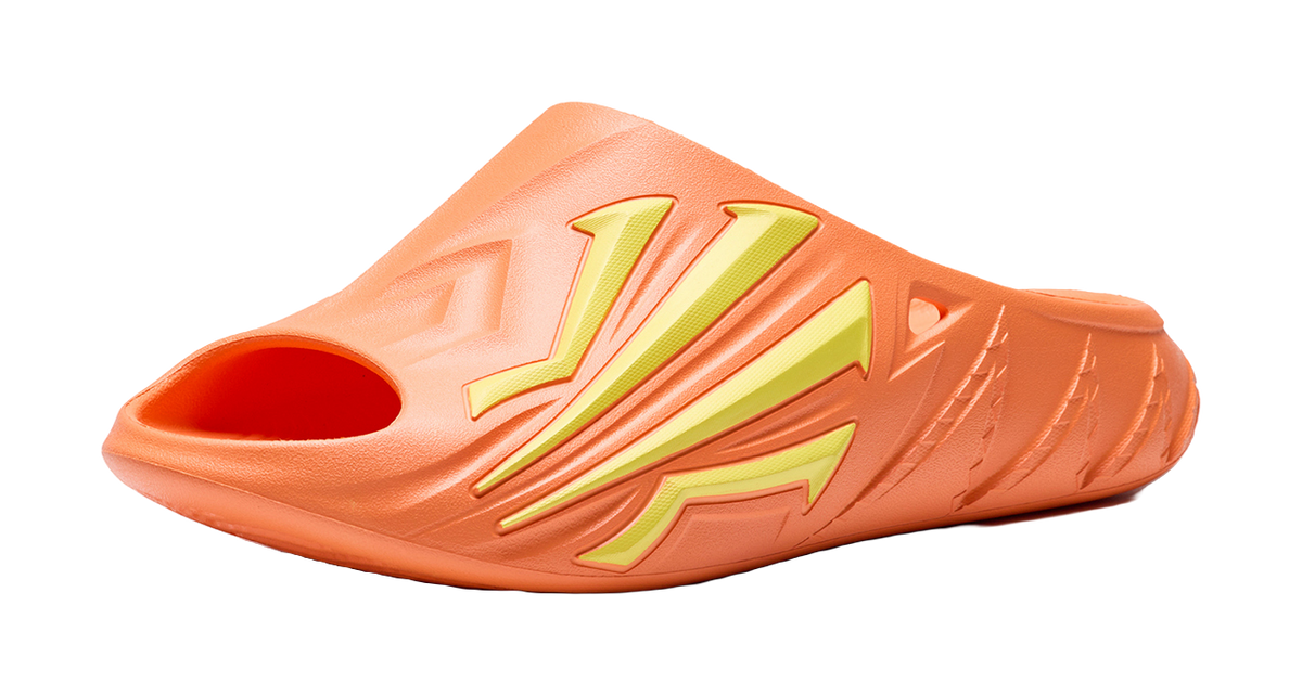 Men's open-toe slide slippers, fluorescent apricot orange with neon kiwi yellow trim