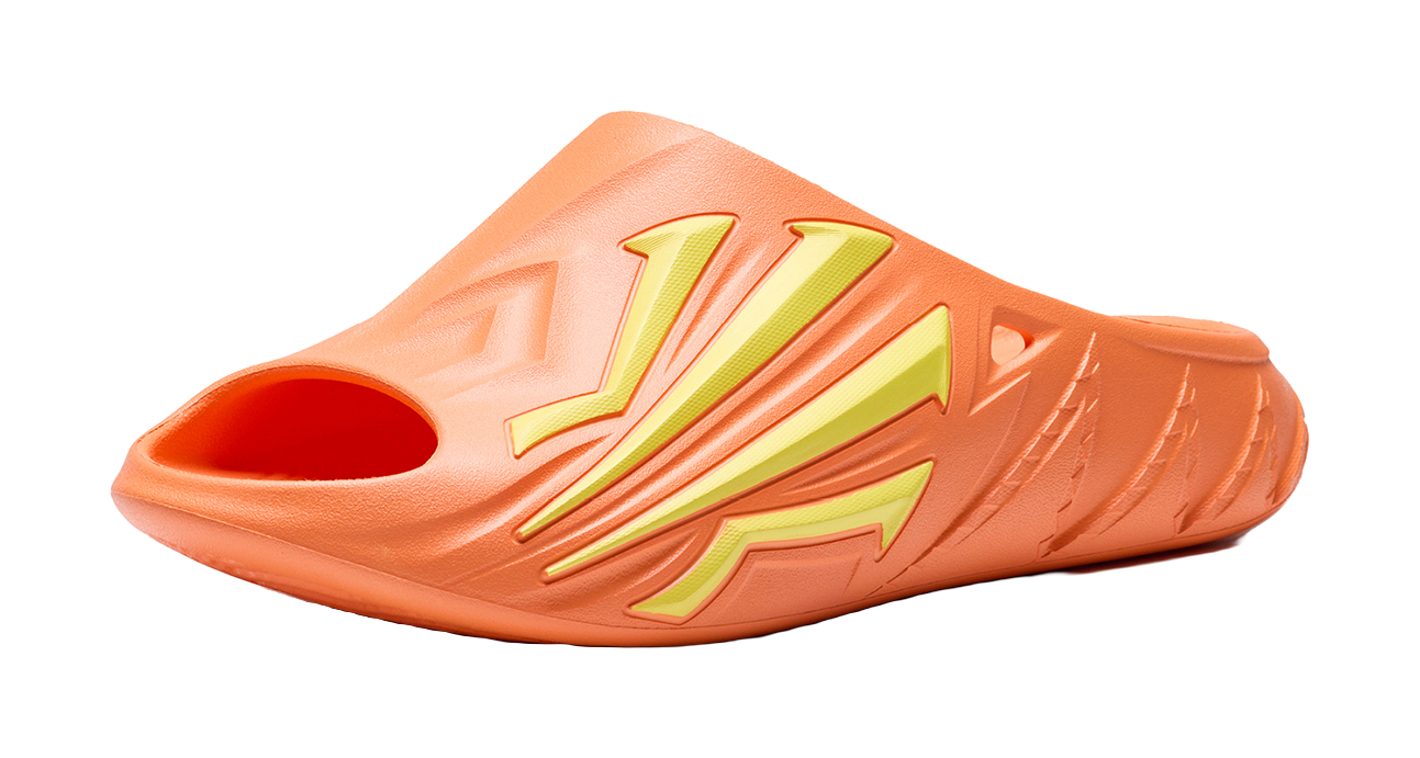 Men's open-toe slide slippers, fluorescent apricot orange with neon kiwi yellow trim