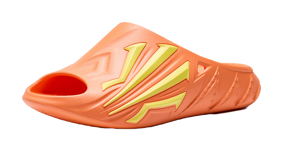 Men's open-toe slide slippers, fluorescent apricot orange with neon kiwi yellow trim