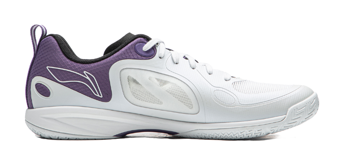 White table tennis shoe with purple collar and side graphic, lace-up
