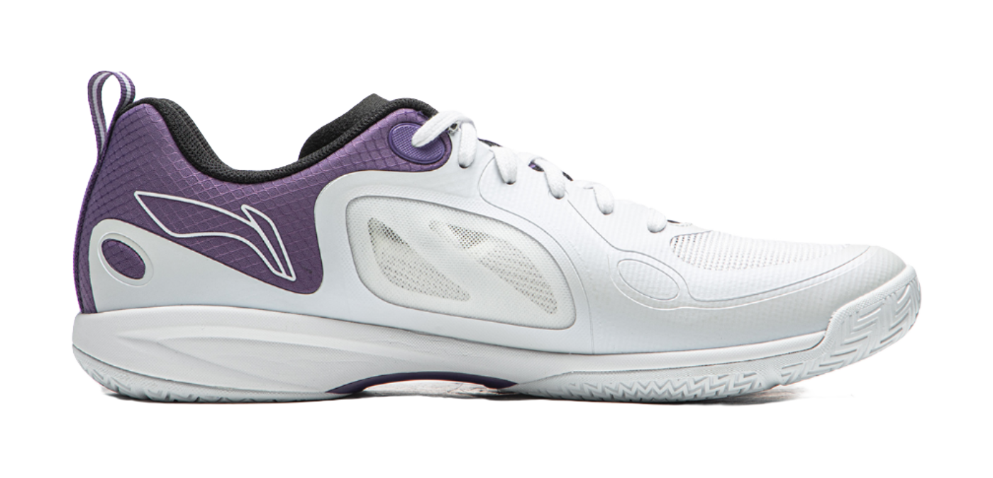 White table tennis shoe with purple collar and side graphic, lace-up
